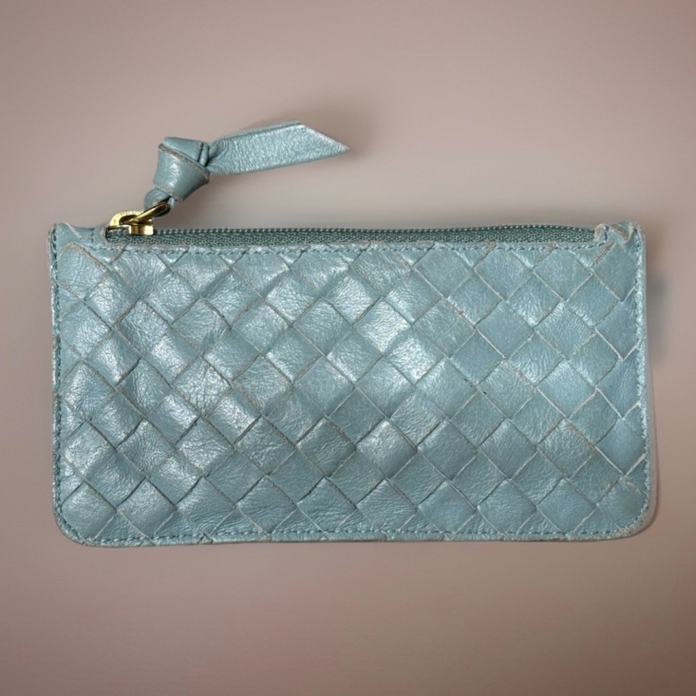 Bottega Baby Intrecciato Celeste Light Blue Mini Woven Leather Coin Pouch Bag